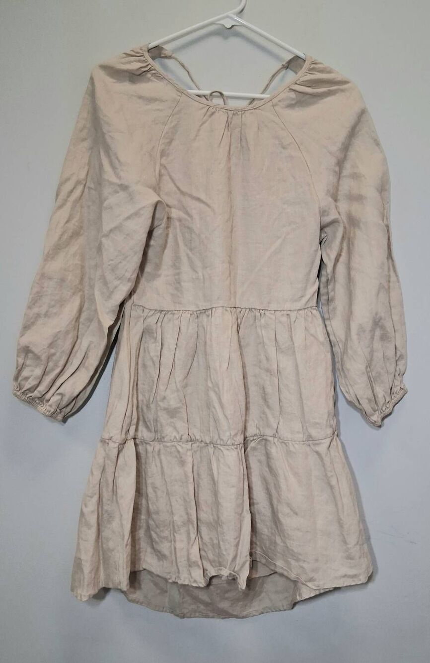 Dissh womens size 6 tiered shift dress beige tan 100% linen